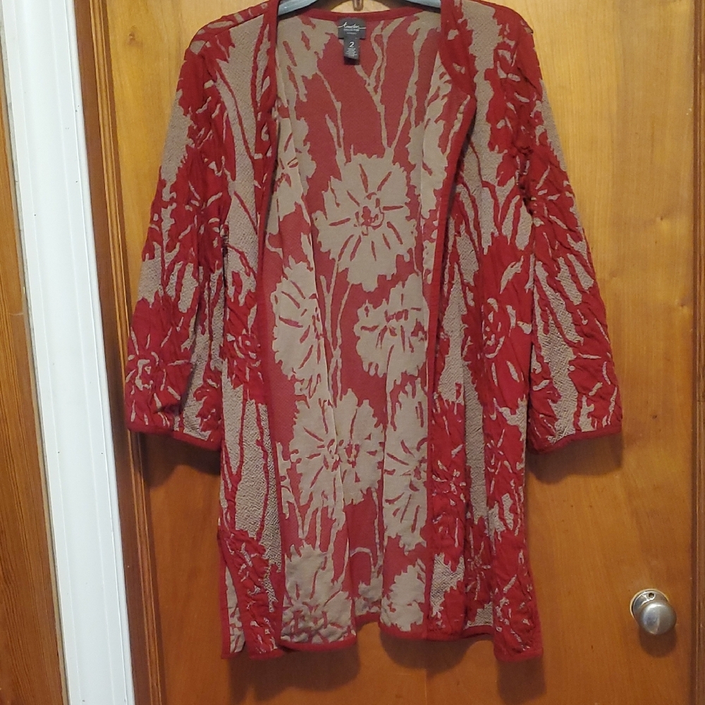 Chico's Red and Beige Floral Open-Front Cardigan